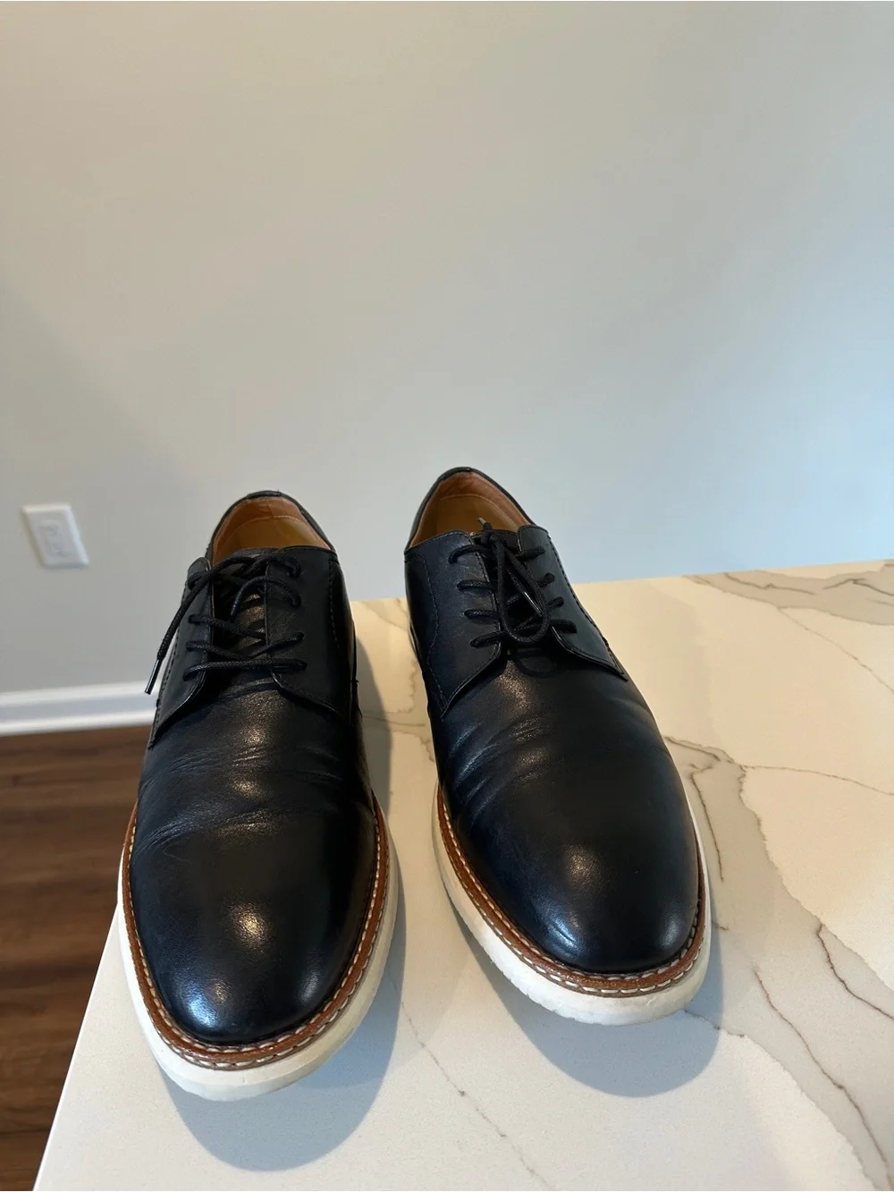 Men's Black Leather Derby Shoes with White Sole